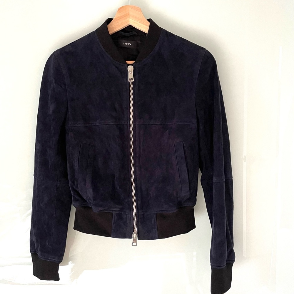 Theory Daryette S Benna Suede Lamb Leather Bomber Jacket Navy Blue Size SP - Picture 8 of 15